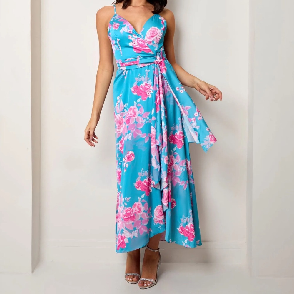 Chi Chi London Cami Floral Wrap Midi Dip Hem Dress in Blue and Pink Size US 8